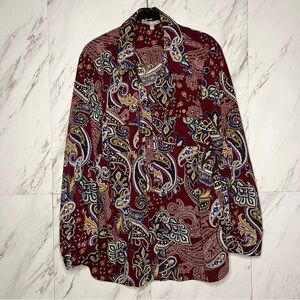 3/$60 NY Collection Paisley Print Button Down Burgundy Blouse Top Plus SZ 2X